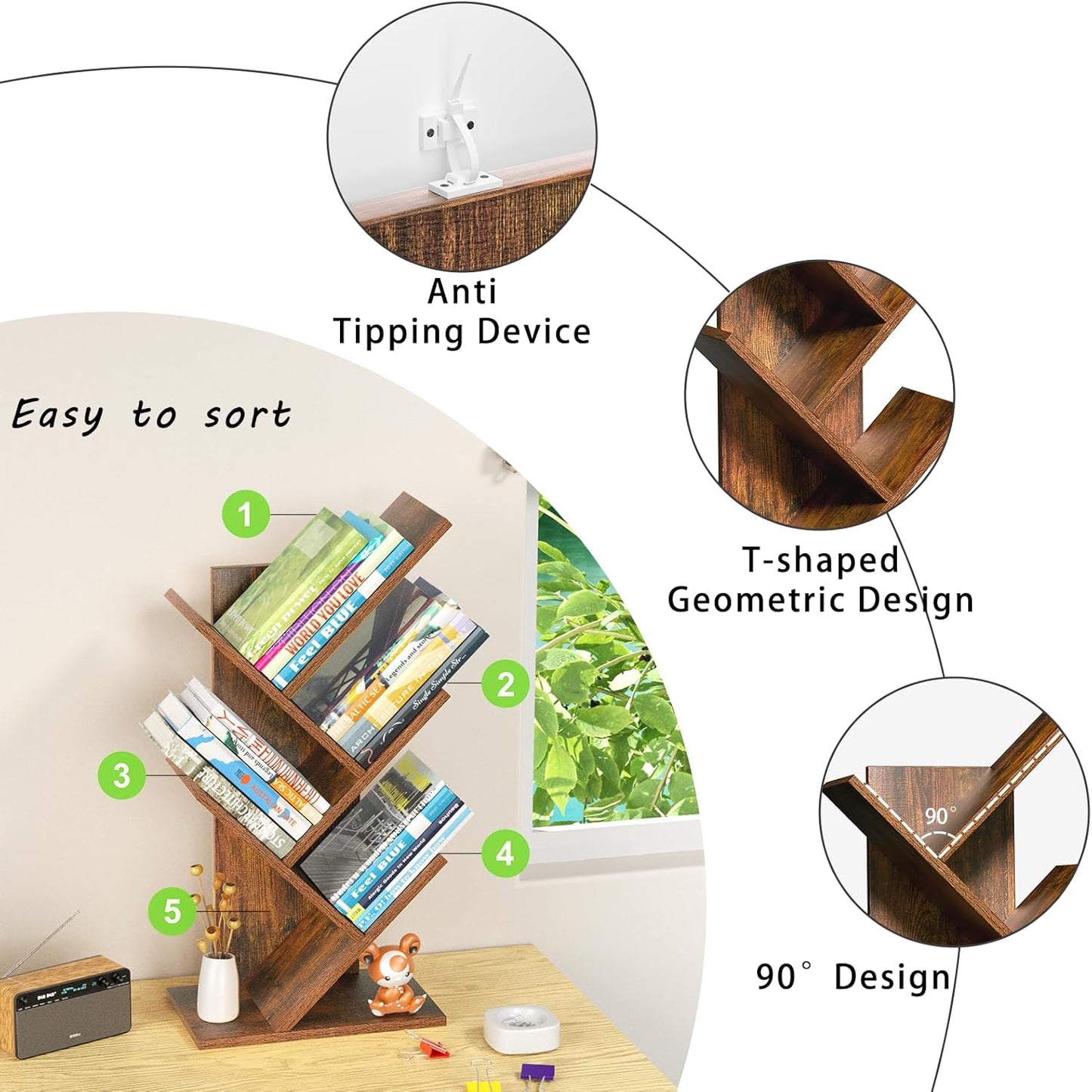 5 Tier Tree Book Shelf, Small Desktop Bookshelf with Storage Organizer, Wood Bookcase, Desk Display Bookshelves, Floor Standing Organizer Bookcases for Living Room,Bedroom,Office-Brown