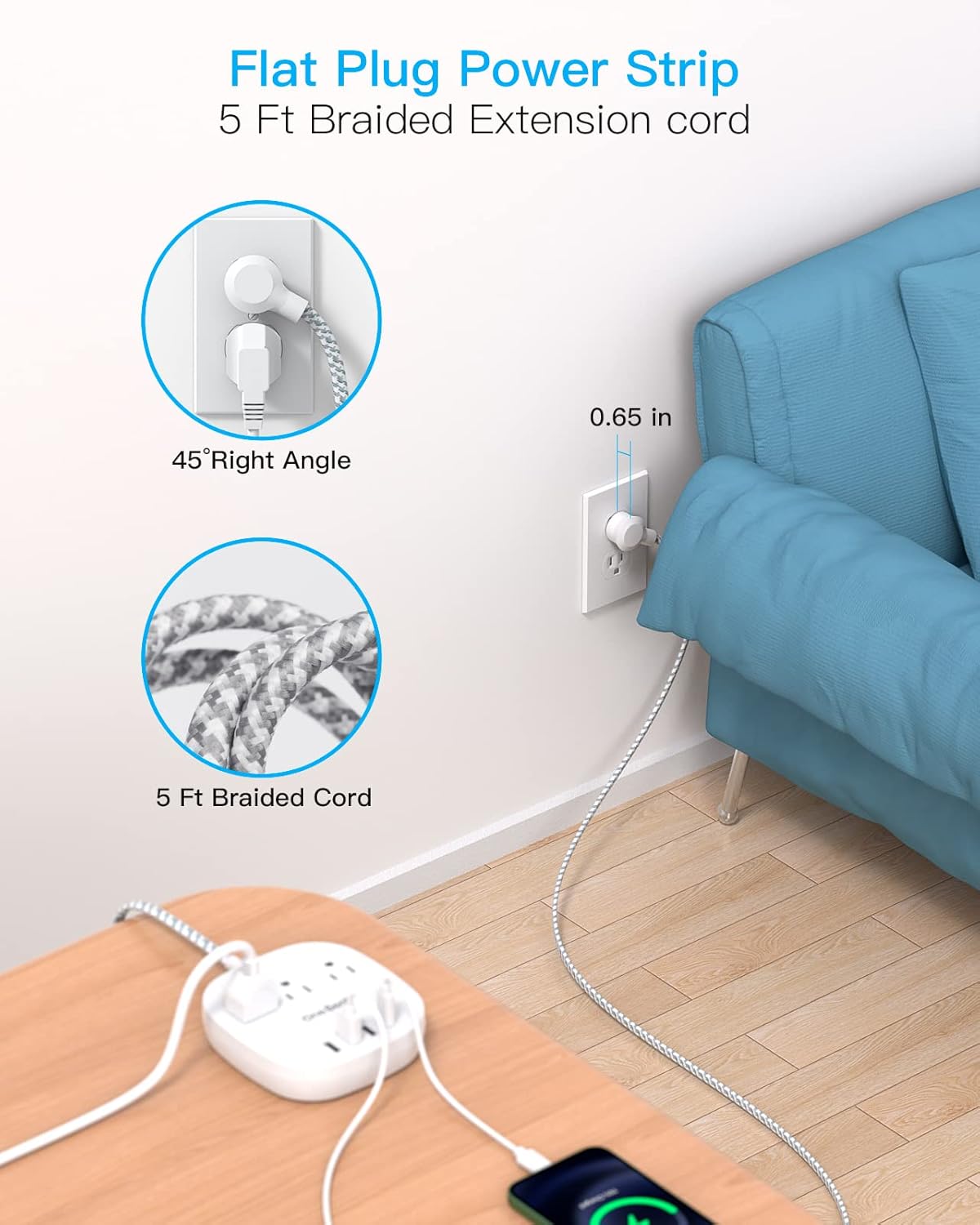 PD 20W USB C 3 Outlet 4 USB Ports Flat Plug Power Strip No Surge Protector for Cruise Ship Travel, 5 ft Long Extension Cords, Power Delivery, Desktop Power Strip for Dorm Home Office