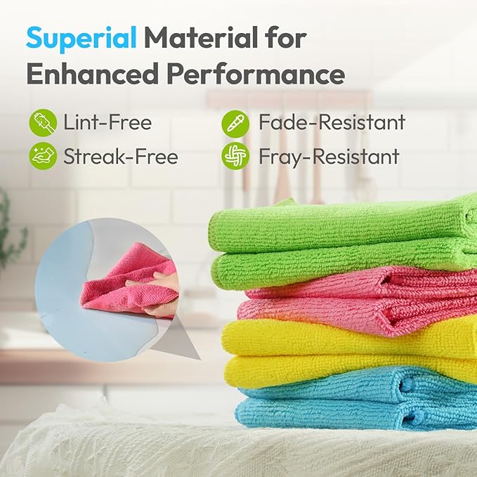 Microfiber Cleaning Cloths 12x12IN 24Pack Colour Lint Free Kitchen Cloths - Extra Thick, Streak-Free, Lint-Free, Fast Absorbent - Reusable Multi-Purpose Housekeeping Rags for Cars, Dishes, Floors