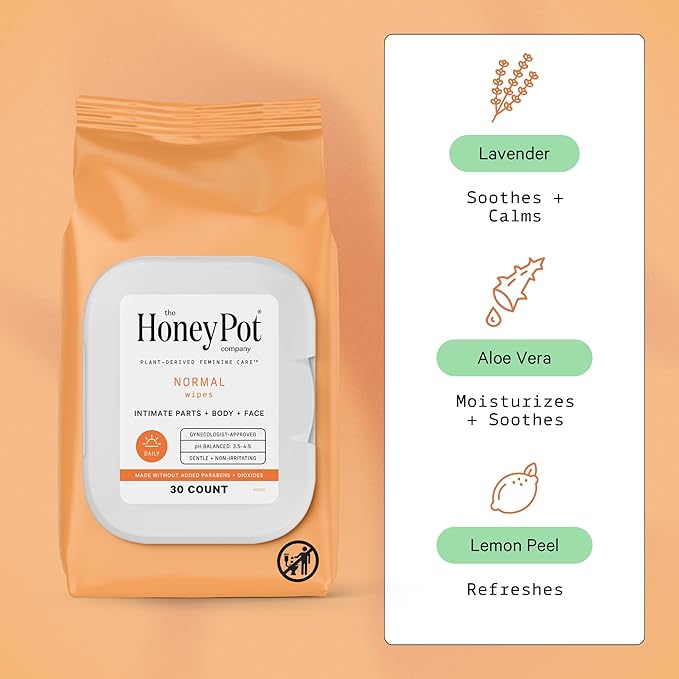The Honey Pot Company - Feminine Wipes - Daily PH Balancing, Fragrance & Sulfate Free Wipes for Intimate Parts, Body, or Face - Hygiene Products - Normal 30 ct
