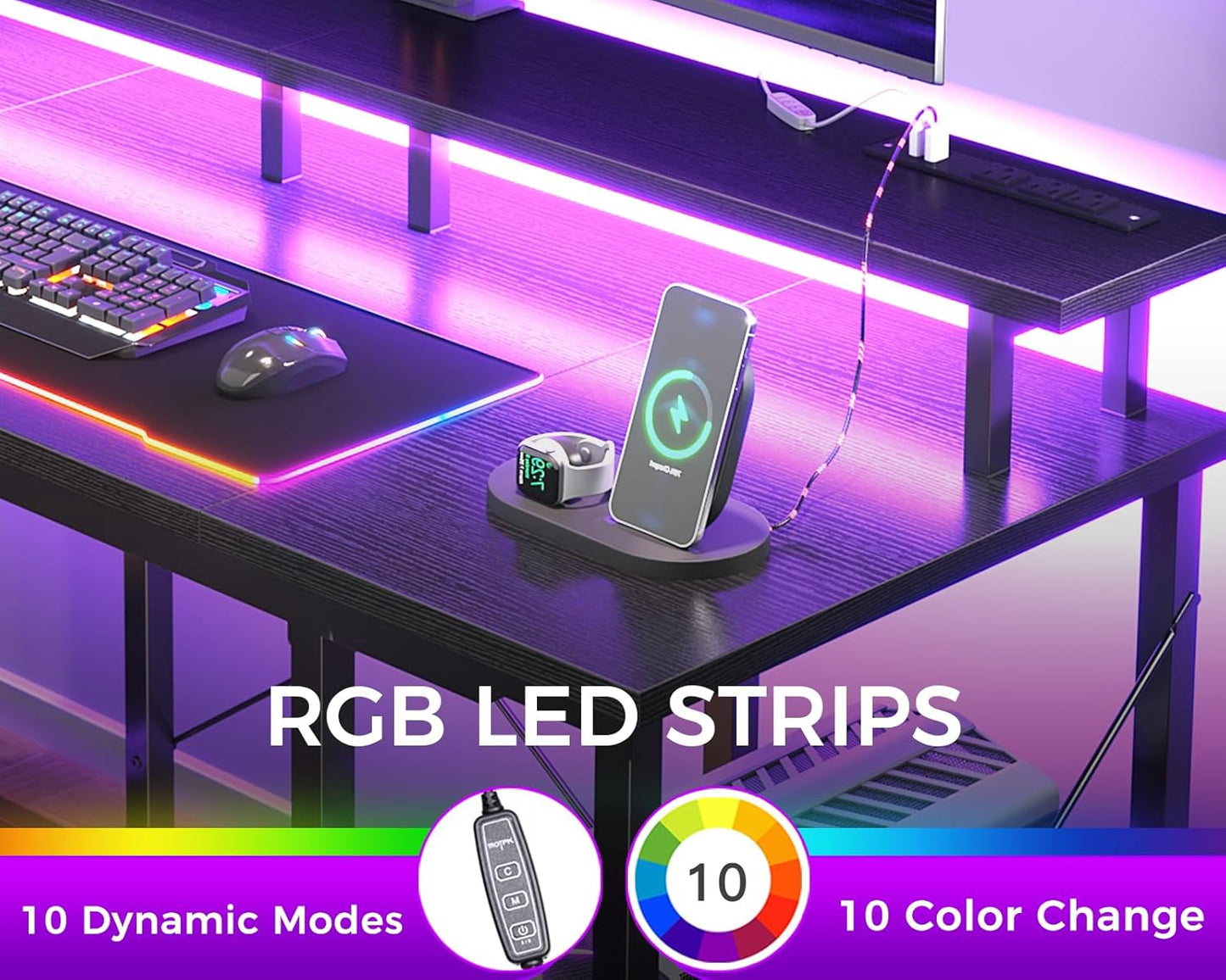 ODK 63 Inches Gaming Desk with LED Lights, Computer Desk with Monitor Stand, Pc Table with CPU Stand, Black