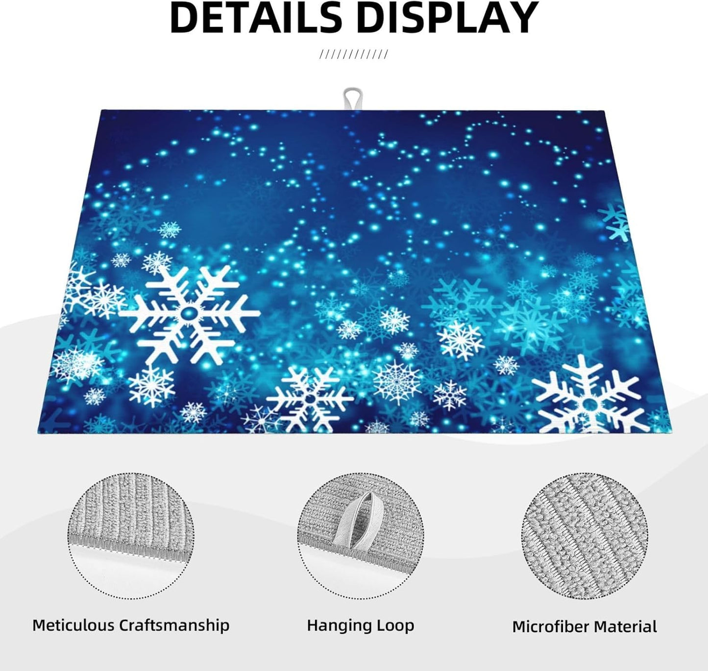 Dish Drying Mat Christmas Snowflake Blue Xmas Winter for Kitchen Counter Absorbent 18x24 Inch Microfiber Dishes Plate Glass Dry Draining Pad Reversible Washable