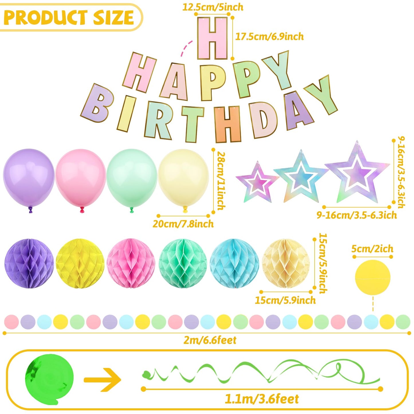ZERODECO Birthday Decorations, Easy to Assemble Pastel Happy Birthday Banner with Honeycomb Ball, Balloon, Hanging Swirl Streamer, Garland, Happy Birthday Party Decorations for Women Girls Kids