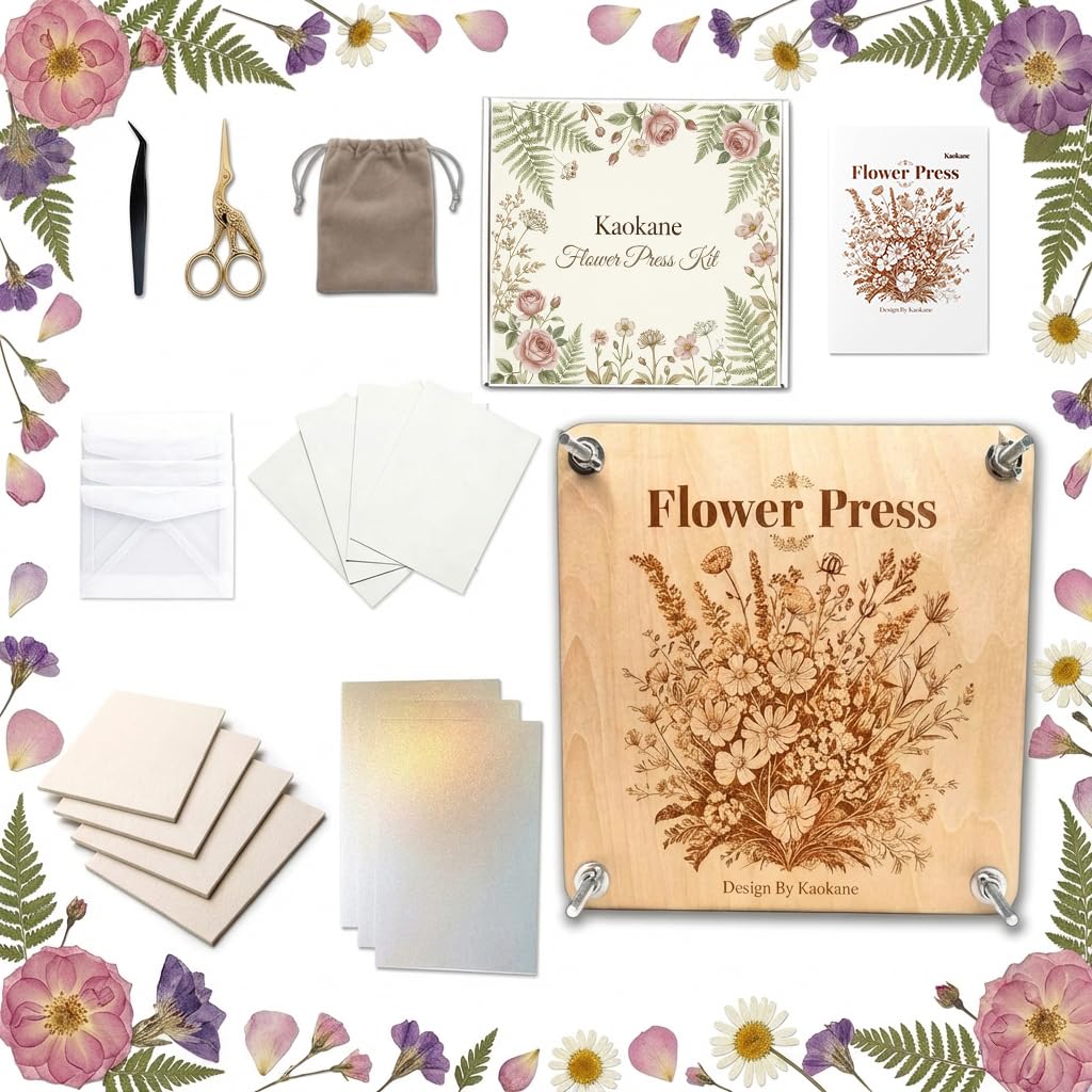 Kaokane Flower Press Kit, 9x9 Wooden Flower Pressing kit with 4 Reusable Drying Plates & 4 Blotting Papers, Dried Flowers Art for Wedding, Pressed Flower kit Herbarium Press Botanical Press kit