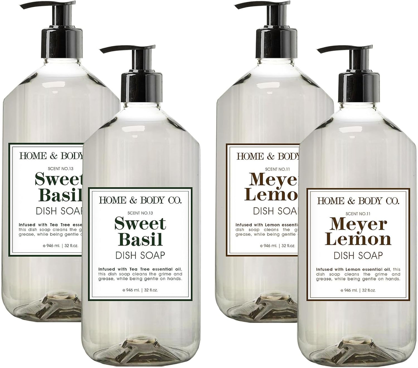 Home & Body Co. Sweet Basil and Meyer Lemon Dish Soaps, 32 fl oz, Set of 4