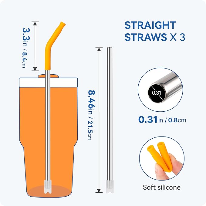 Reusable Metal Straws with Silicone Tip for Stanley 20oz,Stainless Steel Drinking Straws for 20oz Tumbler,3 Straight Tubes & 6 Tips& 1 Cleanr Brush(Goldenrod)