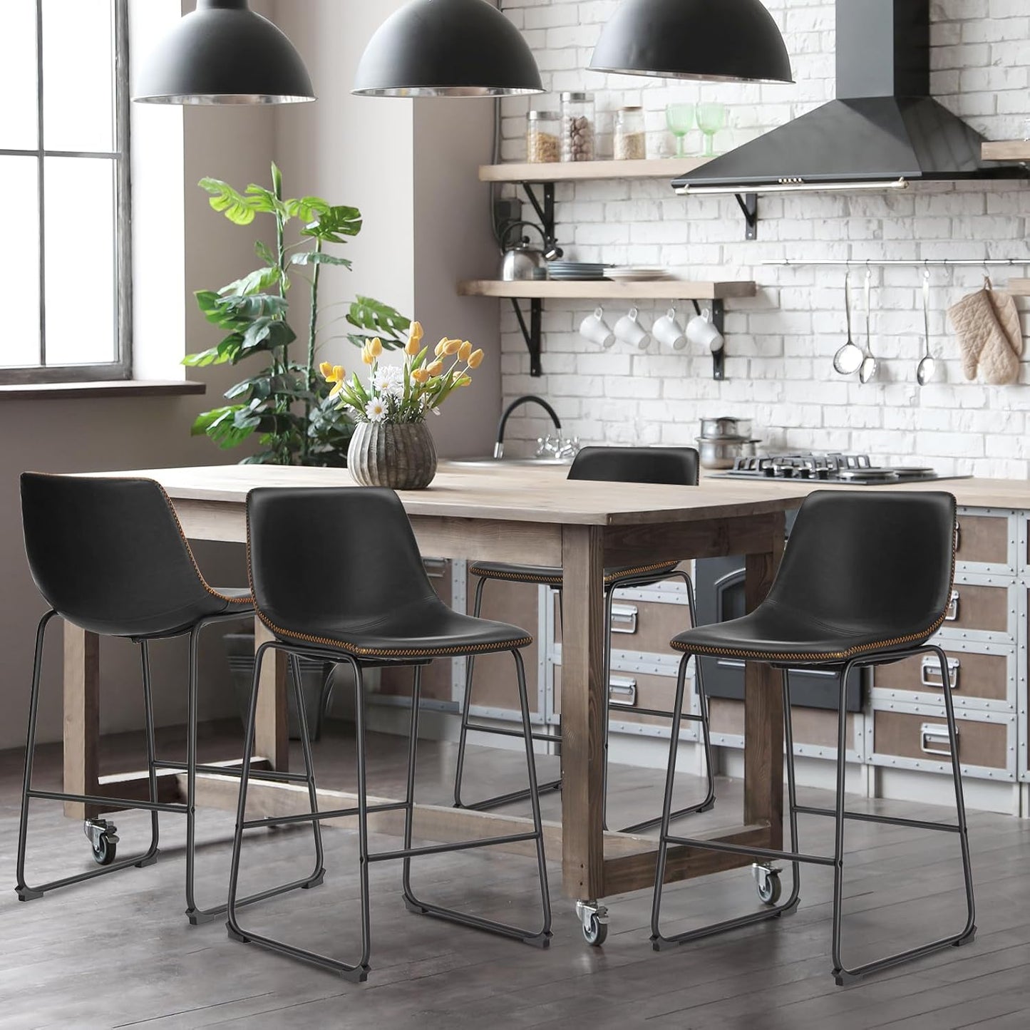 DUMOS 26 Inch Counter Height Bar Stools Set of 4, Modern Faux Leather High Barstools with Back and Metal Leg, Bar Chairs for Kitchen lsland, Black