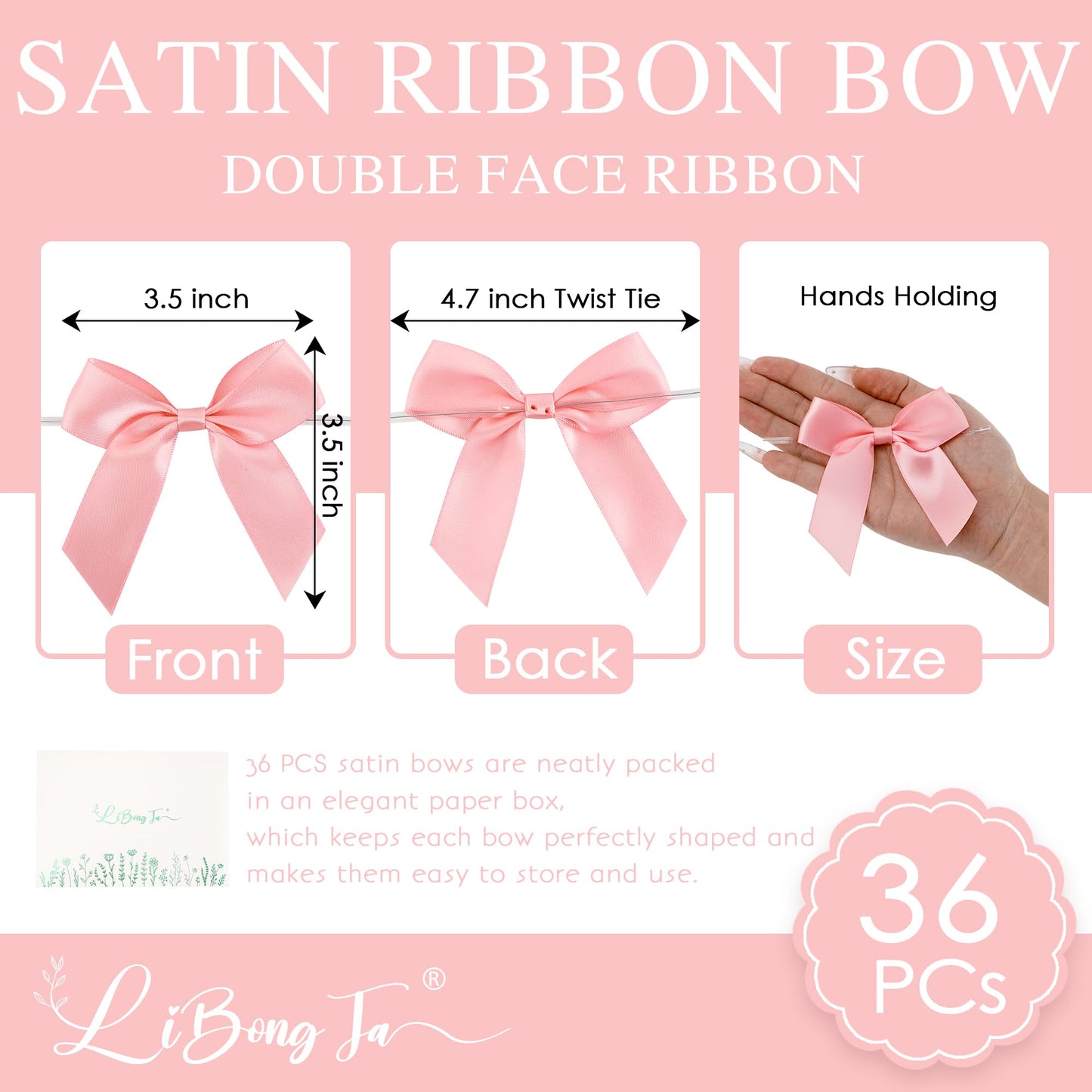 LiBongTa 36 PCS Pink Bows 3.5" Pre-Tied Small Baby Pink Satin Ribbon Twist Tie Bows for Gift Wrapping Candy Treat Bags Crafts Baby Shower Birthday Party Favors Wedding Decor