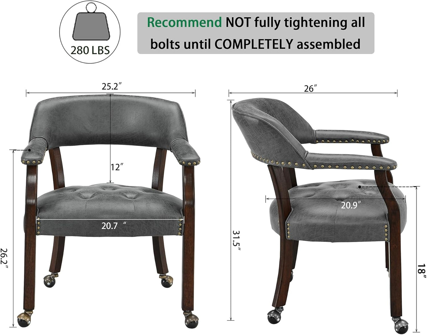 LEEMTORIG Large Dining Chairs with Casters and Arms, Rolling Dining Chairs with Wheels, Accent Game Chairs, Boss Caption's Chairs, 26"D x 25.2"W x 31.5"H, Espresso Legs & Dark Grey Fabric SY-318-GY