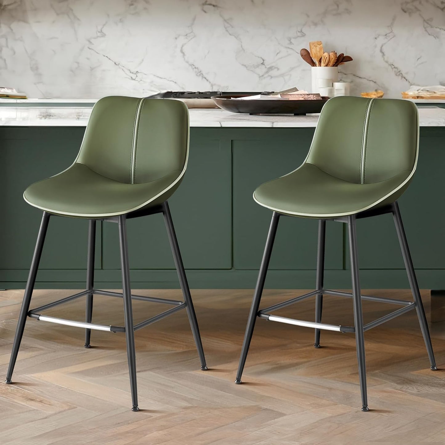 VASAGLE Bar Stools Set of 2, Counter Height Bar Stools with Back, Ergonomic Backrest, Synthetic Leather, Metal Legs, 24.4-Inch Tall Barstools for Kitchen Island Home Bar, Easy Assembly, Forest Green