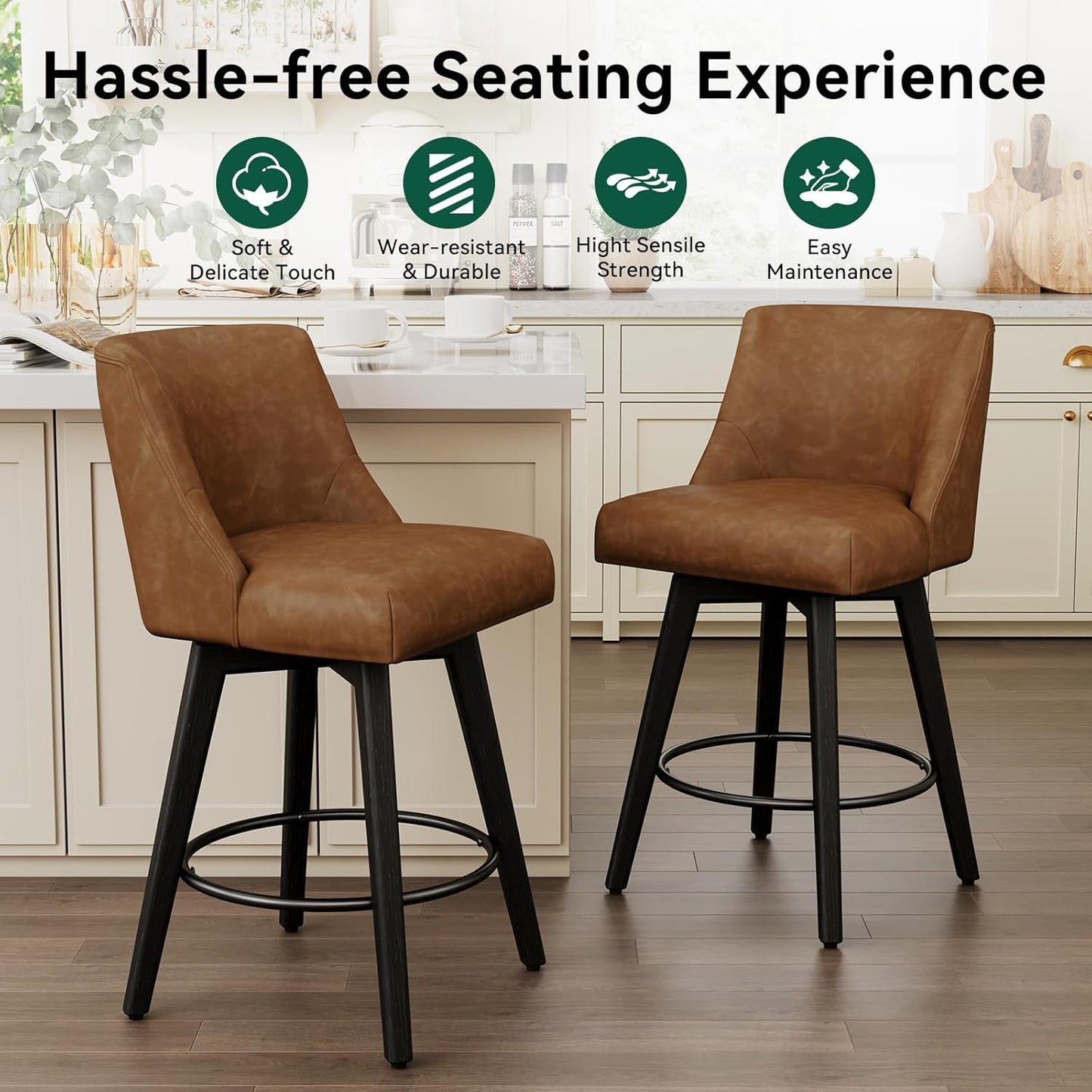 Vipbear Swivel Counter Height Bar Stools Set of 2,26.8" H Counter Stools with Back, Mid Century Modern Bar Stools for Kitchen Island,Faux Leather,Wooden Base, Brown