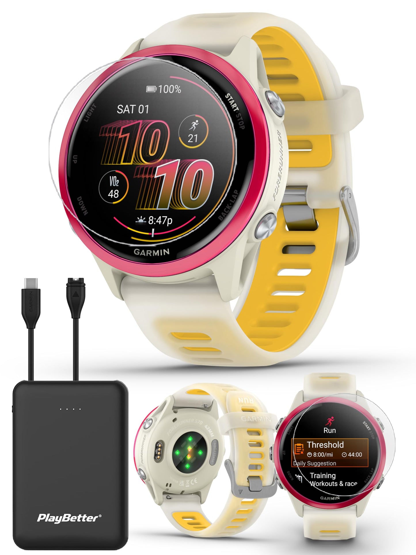 Playbetter Garmin Forerunner 570 (42 Mm, Raspberry/Translucent Bone/Mango) Running Gps Smartwatch - Amoled Display, Training & R