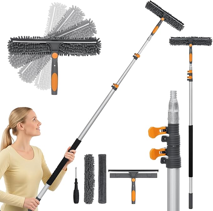13Ft Window Squeegee with Extension Poles, Extra-Large 14" Window Squeegee 2-in-1 Window Cleaning Kit with Telescopic Pole,Window Cleaner Tool with Adjustable Head, for High Window, Glass, RV