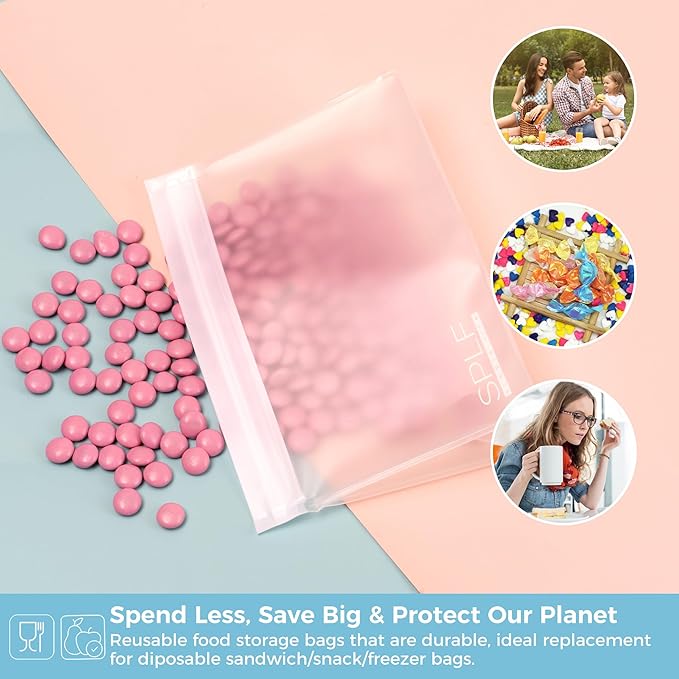 SPLF 6 Pack Reusable Half Gallon Freezer Bags, Reusable Food Storage Bags, Bpa Free Stand Up Extra Thick Leakproof Silicone and Plastic Free Zipper Sandwich Snack Lunch Bags