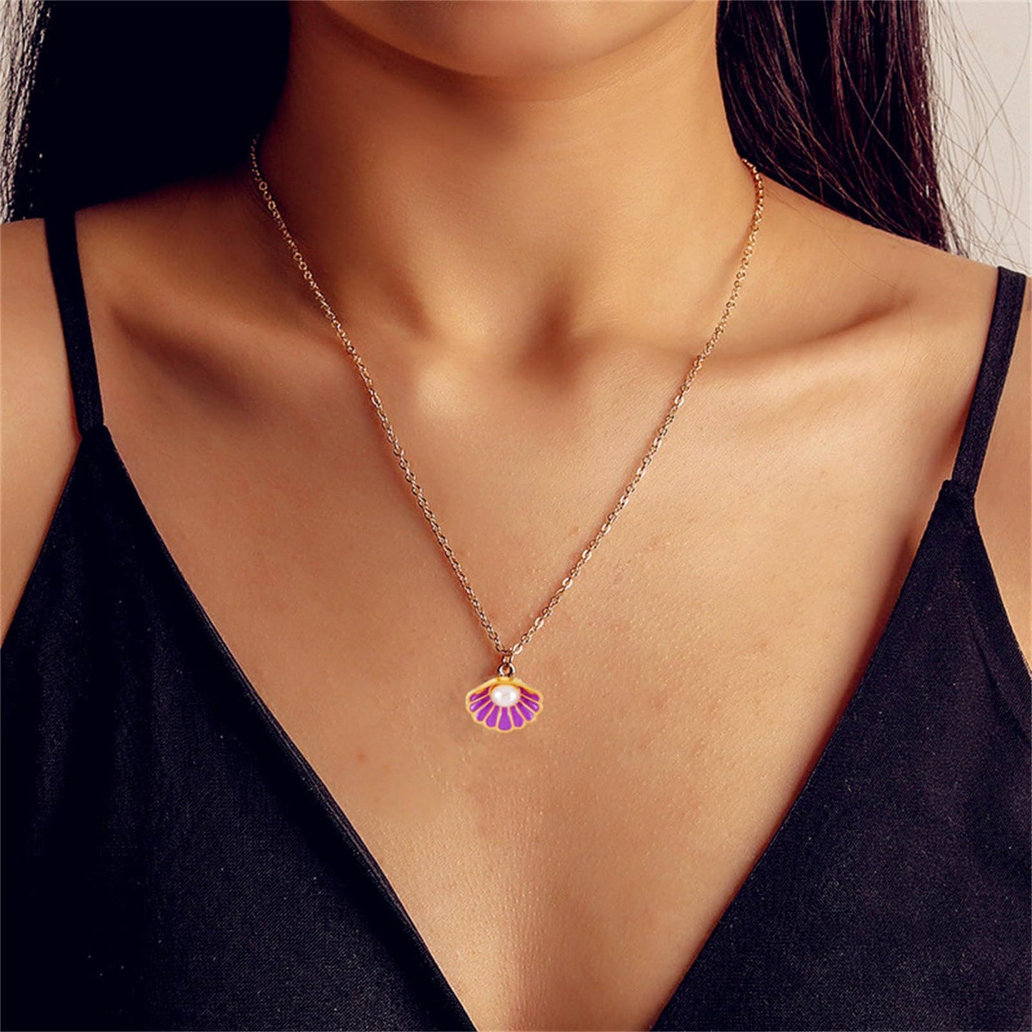 Seashell Pearl Pendant Necklace Gold Plated Boho Enamel Pink Blue Scallop Sea Shell Starfish Ocean Animal Chain Necklace for Women Hawaiian Summer Beach Holiday Fashion Jewelry Gifts (Purple)
