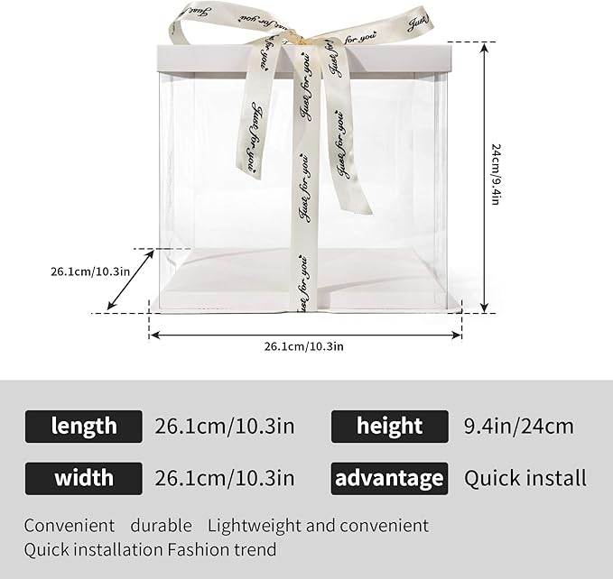 Clear Cake Box, 2-Pack Cake Carrier Container 10" X 10" X 9" with Ribbon Transparent Boxes with Lid Gift Package for Birthday Wedding Party, White