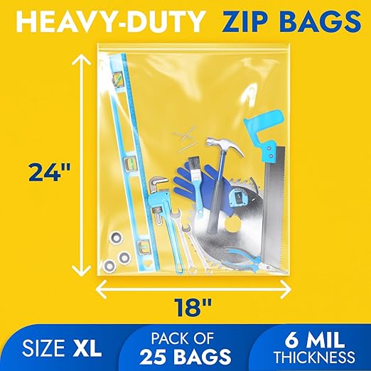 18" x 24" Extra Large Zip Seal Lock Bags, 6 Mil (Pack of 25) – Heavy-Duty Reclosable Plastic Bags – Clear, Resealable, Waterproof – For Storing Clothes, Tools, or Travel Items