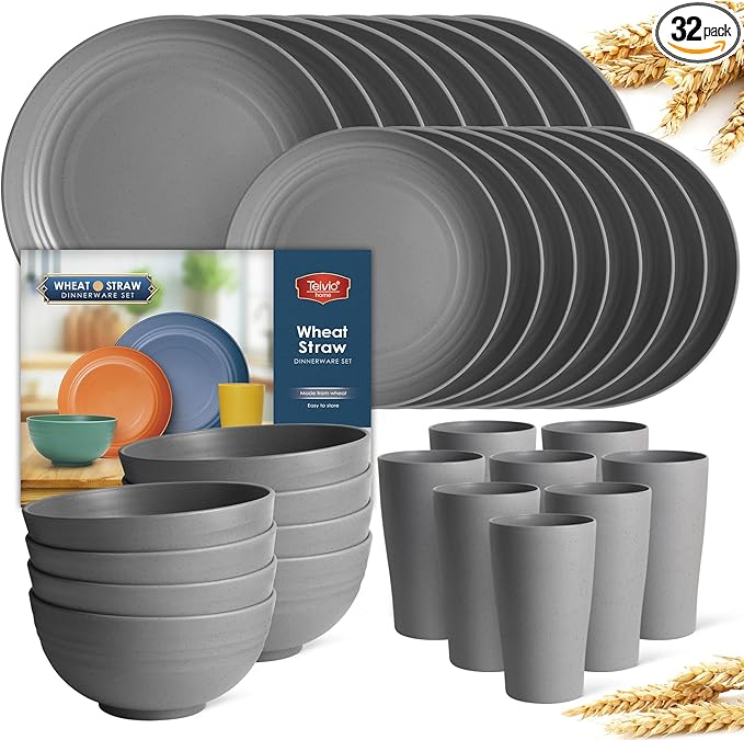 Teivio 32-Piece Kitchen Plastic Wheat Straw Dinnerware Set, Service for 8, Dinner Plates, Dessert Plate, Cereal Bowls, Cups, Unbreakable Colorful Plastic Outdoor Camping Dishes, Grey