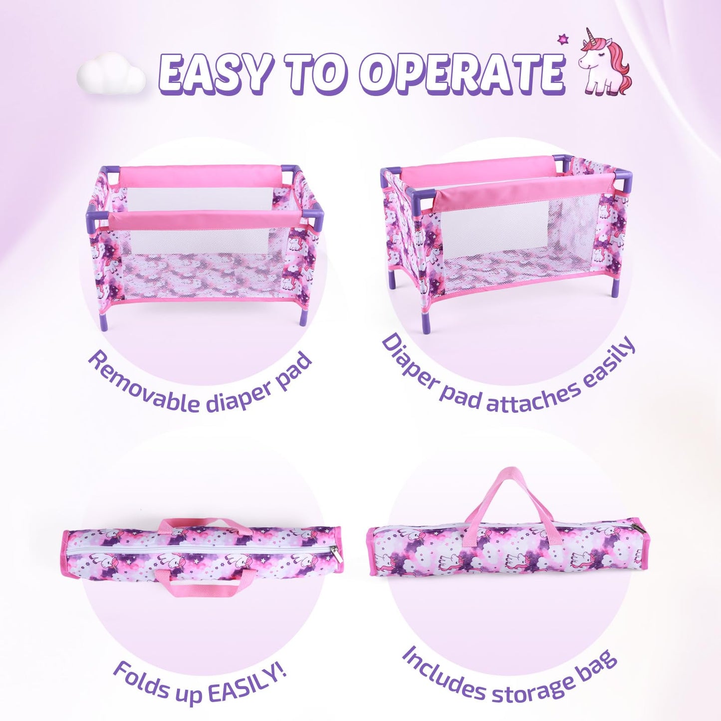 BABESIDE Baby Doll Crib Set for 18 Inch Dolls, Foldable Baby Doll Bed Playpen Toy Crib with Storage Bag for Reborn Baby Doll Accessories, Purple Babydoll Crib