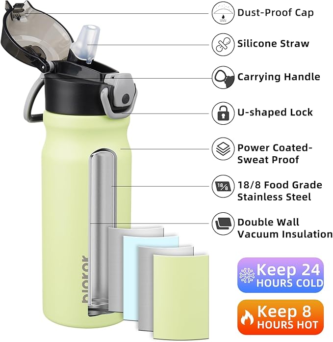 BJPKPK Insulated Water Bottle 18oz Stainless Steel Water Bottles with Straw and Carry Handle Double Wall Metal Thermal Flask,Macaron Green