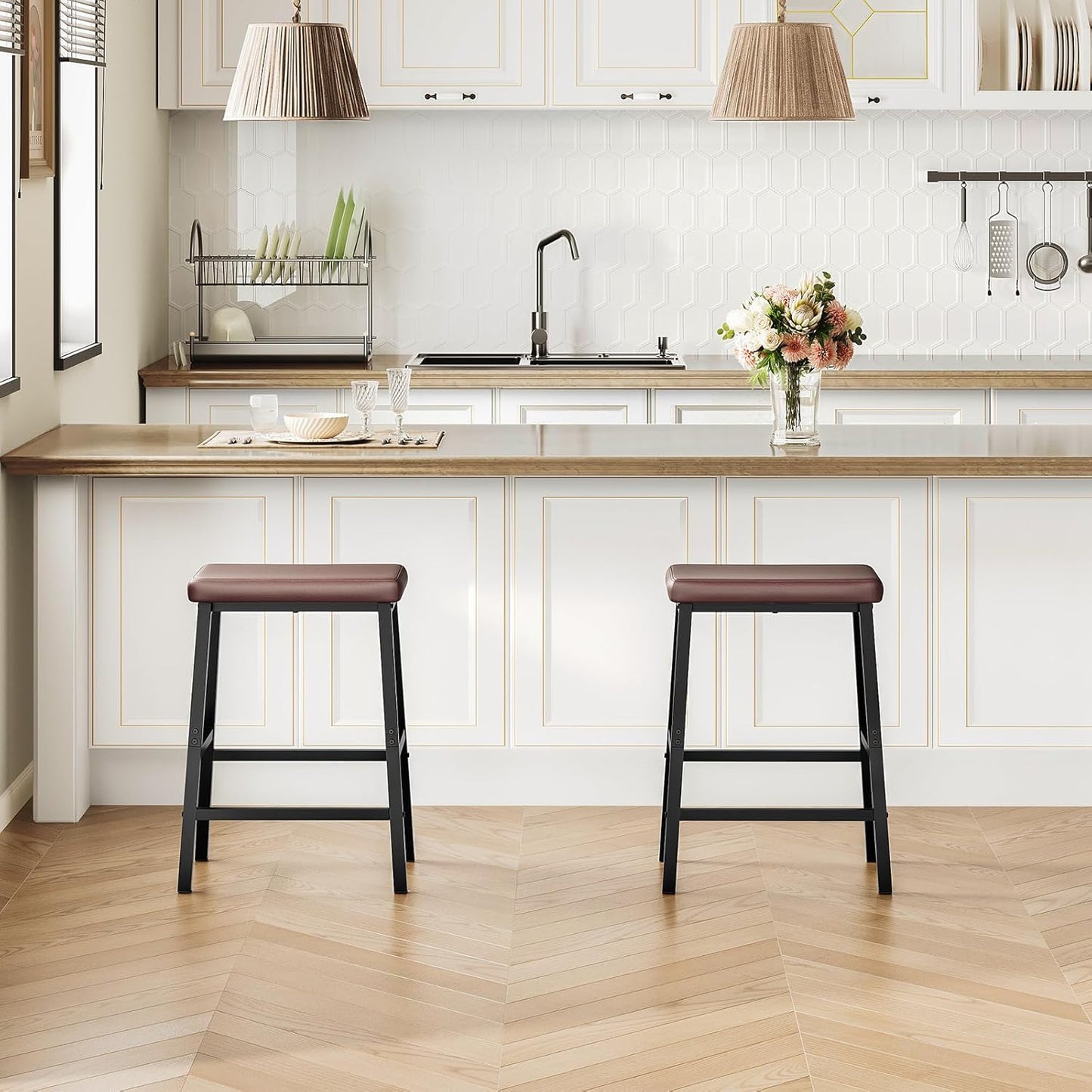HOOBRO Bar Stools, 24" Set of 2 Bar Chairs, PU Leather Upholstered Breakfast Stools, Easy Assembly, Suitable for Kitchen, Bar, Dining Room, Brown and Black BC01MD01