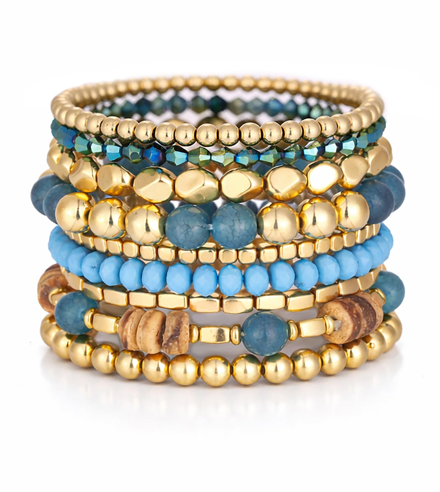 iF YOU 12 Pcs Boho Beaded Bracelets for Women, Brown Orange Bohemian Stackable Gold Bead Stretch Bracelets Stack Jewelry Gift (Blue beaded bracelets)