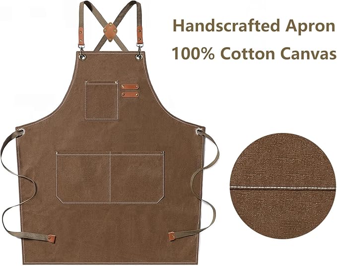 AFUN Chef Aprons for Men Women with Oversized Pockets, 16-Ounce Cotton Canvas Cross Back Heavy Duty Work Apron (Brown)