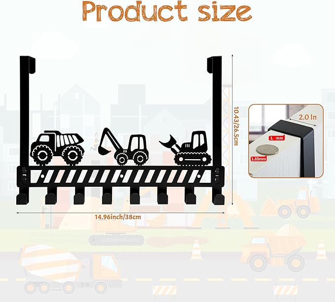 Construction Vehicle Over The Door Hooks - 8 Hook Organizer for Toddler Boys' Rooms, Bathroom & Nursery Decor, Toddler Bedroom & Nursery with Truck Design, Wall Mountable Heavy-Duty Metal Wall Hooks