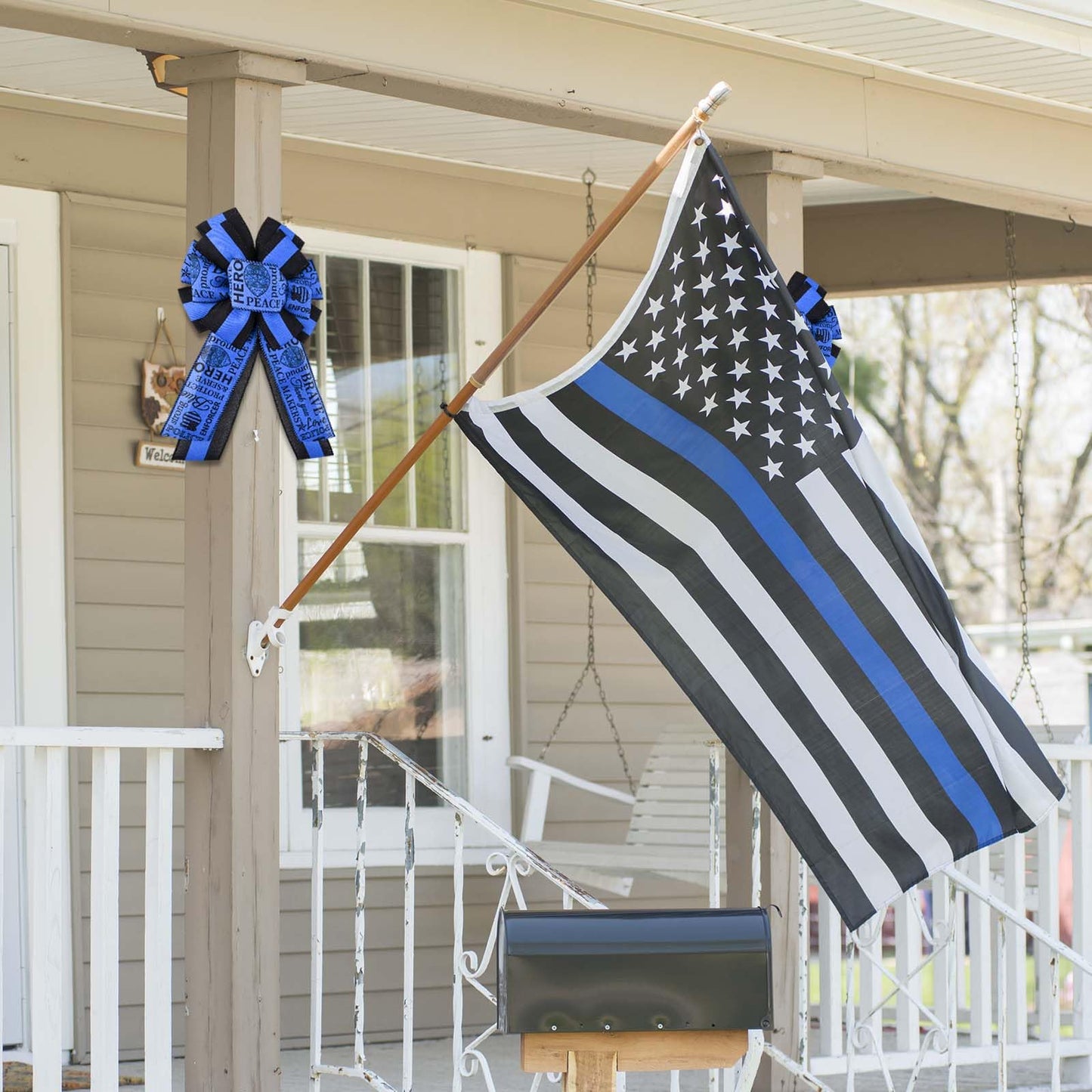 2 Rolls 20 Yards Police Support Wired Edge Ribbon, 2.5"Blue Black Stripe Police Badge Burlap Ribbon Memorial Day Patriotic Ribbons for Wreath Bow Making Police Support Decorations Supplies DIY Crafts