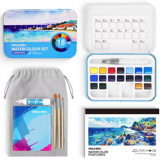 AUREUO Blue Watercolor Set - Marine Ocean Watercolor Paint Set with Brushes, Watercolor Postcards, Masking Pen, Tote Bag - Water Color Painting Kit for Adults, Beginners, Professional