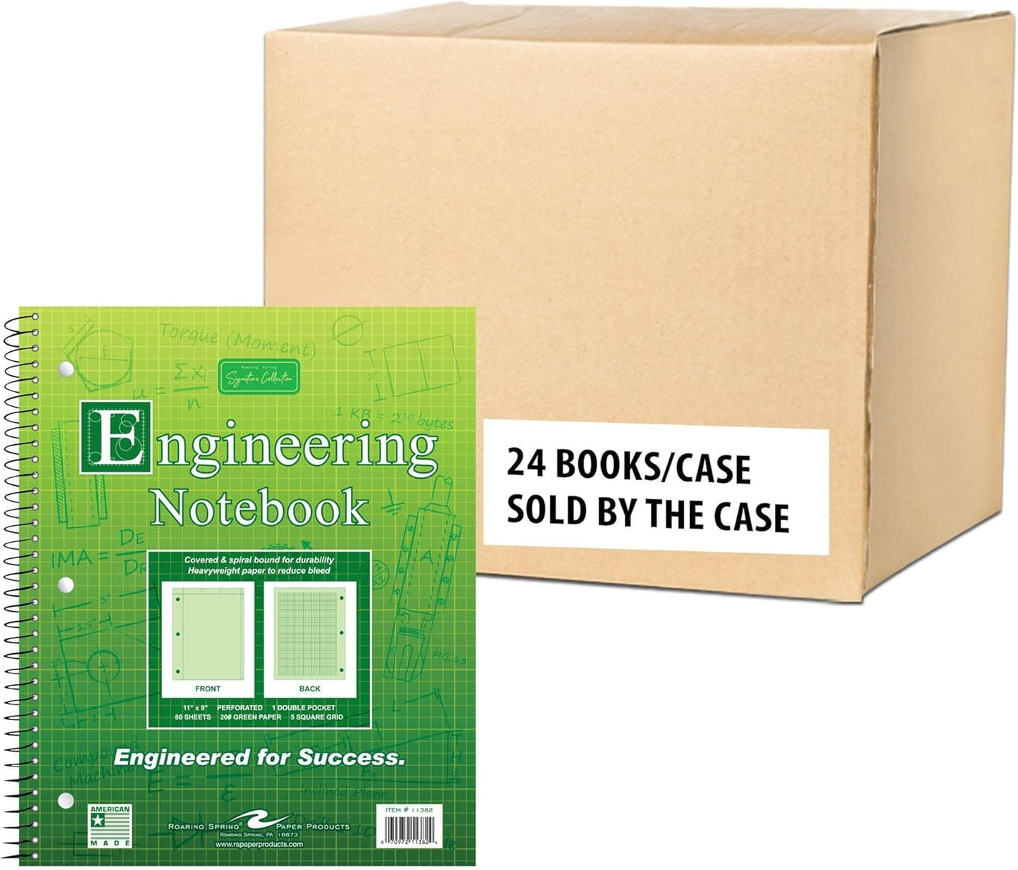 Roaring Spring Engineering Notebook, 8.5" x 11", Spiral Bound, 80 Sheets Heavy 20# Green Tinted Paper, Proudly Made in The USA (Case of 24)