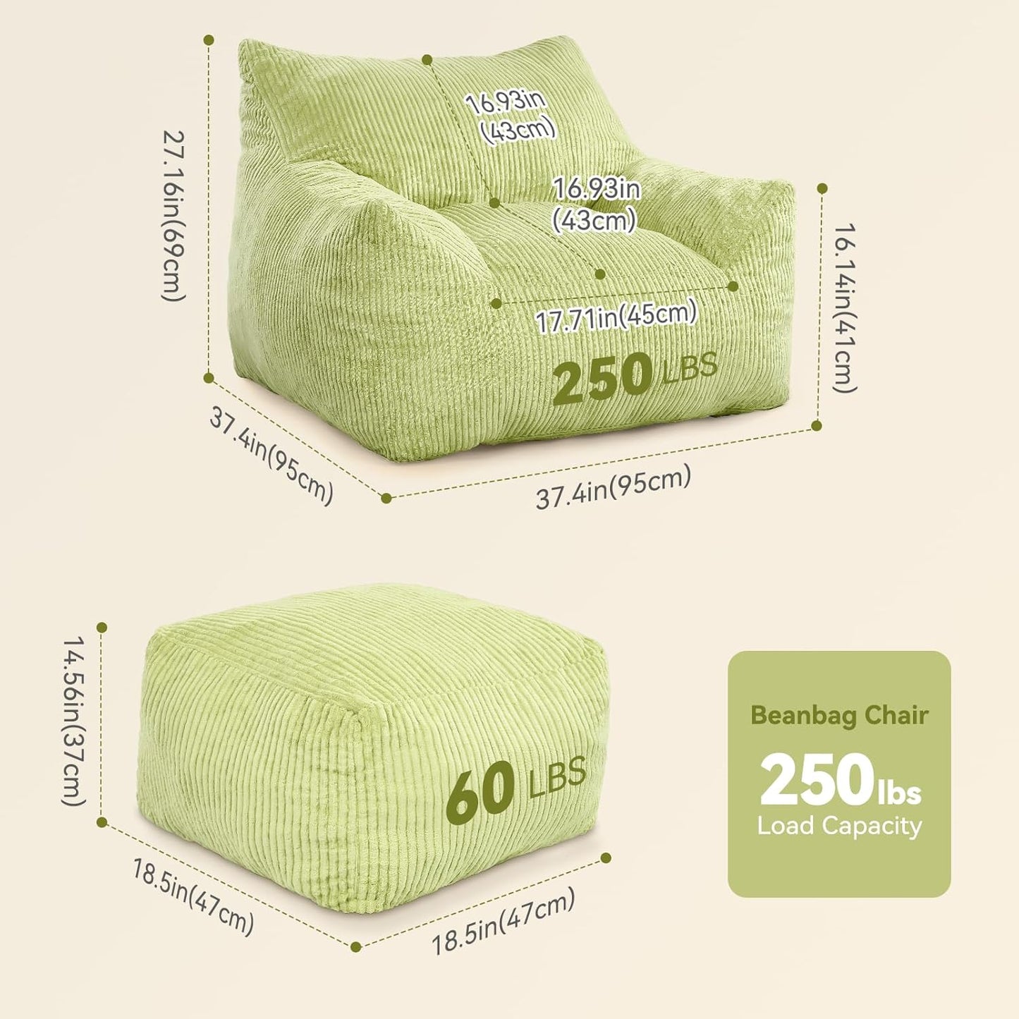 INMOZATA Bean Bag Chair for Adults, 3FT Beanbag Chair with Ottoman Pre-Filled Fluffy Lazy Chair Corded Fabric Accent Chair for Bedroom Living Room Dorm (Green)