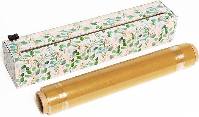 ChicWrap Eucalyptus Refillable Plastic Wrap Dispenser - One 12" x 250' Roll of Professional Grade Plastic Wrap - BPA Free and Kosher Certified - Reusable Dispenser w/Slide Cutter