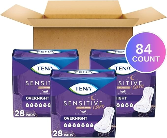 TENA Sensitive Care Incontinence Pads, Bladder Control, Postpartum for Women, Overnight Absorbency, Extra Coverage, 84 Count