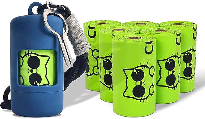 Dog Poop Bags with Dispenser & Holder, Guaranteed Leak Proof, Unscented Extra Thick Heavy Duty Tear-resistant 18-Micron Waste Bag Refill Rolls (NavyBlue (105-Bags, 1-Dispenser))