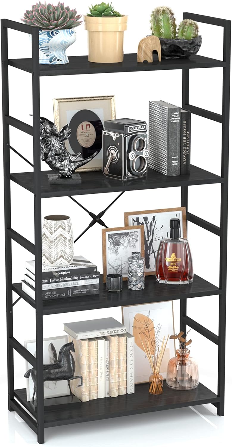 OTK 4 Tier Bookshelf, Tall Bookcase, Office Shelf Storage Organizer, Modern Book Shelf for Living Room, Bedroom, and Home Office, Black