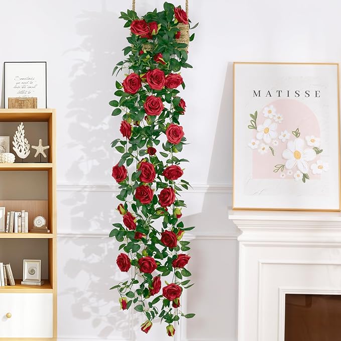 U'Artlines 5 Pack Artificial Red Rose Vines Floral Garlands Total 32.5 Ft Fake Vine Silk Flower Garland for Indoor Outdoor Home Wedding Arch Garden Wall Decoration