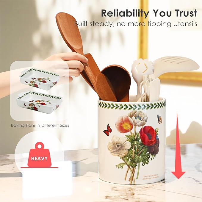 ACMLIFE Extra Large Cooking Utensil Holder, 7.3" Kitchen Utensil Holder for Countertop, Utensil Crock for Farmhouse Kitchen Decor, Ceramic Stable Utensil Caddy, Floral (Beauty)