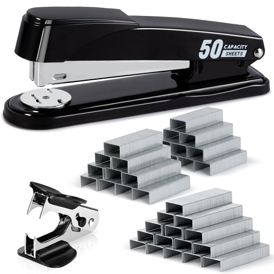 Deli Stapler Heavy Duty, Full Strip Staplers for Desk with 2000 Staples and Staple Remover, 50 Sheet Capacity, No Jam, Non-Slip Office Stapler with Staples for Office, Classroom, Black