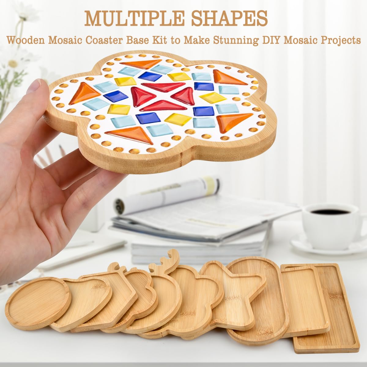 BUYGOO 10Pcs DIY Wooden Mosaic Tiles Coasters Assorted Shapes, Blank Base Trays, Drinking Cup Coaster, Plant Coaster, Art Plate, DIY Mosaic Supplies for Arts and Crafts Home Decor