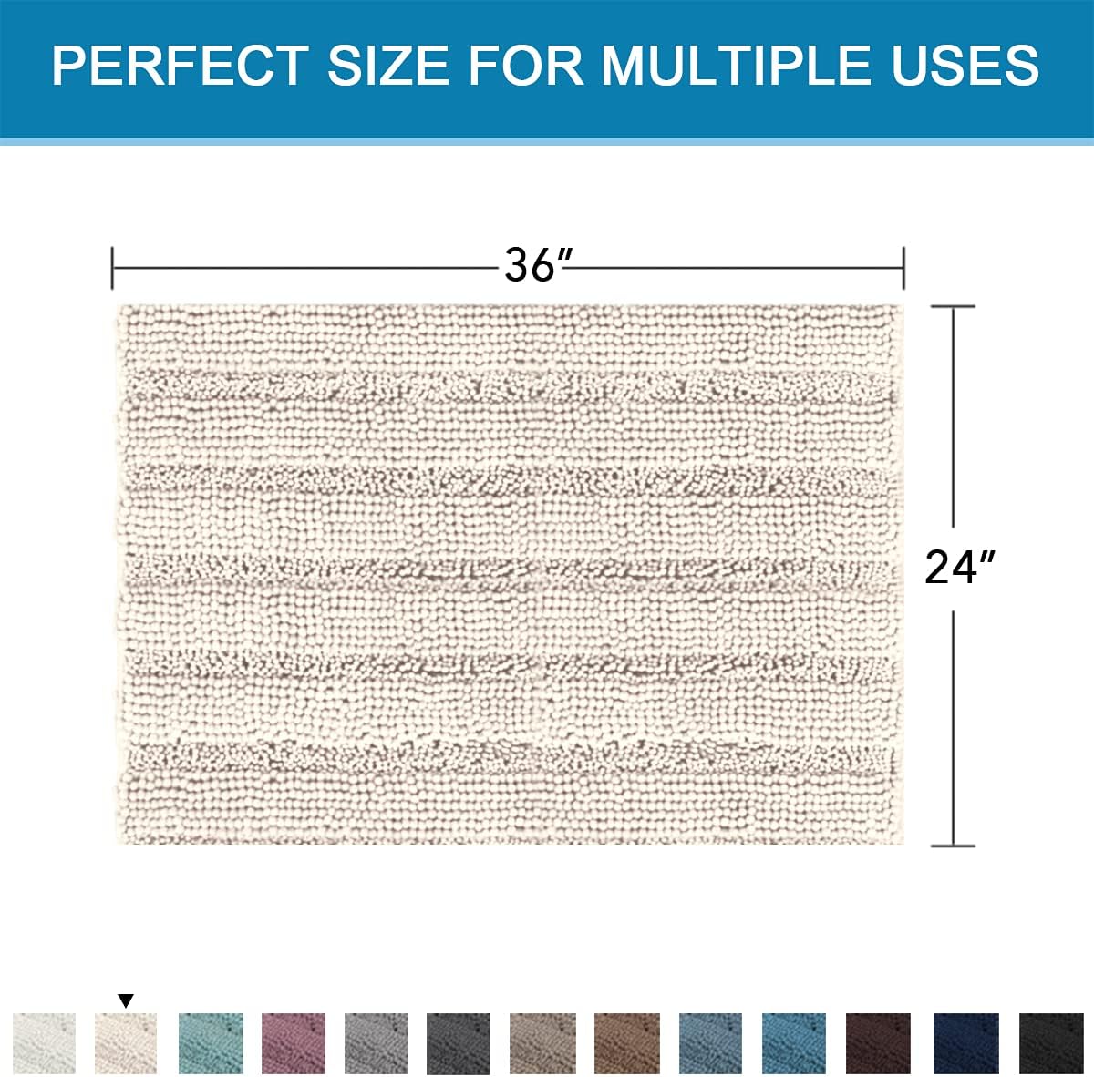 H.VERSAILTEX Bath Mats for Bathroom Non Slip Extra Thick Chenille Striped Bath Rug 24" x 36" Absorbent Non Skid Fluffy Soft Shaggy Rugs Washable Dry Fast Plush Mats for Indoor, Bath Room, Tub - Ivory