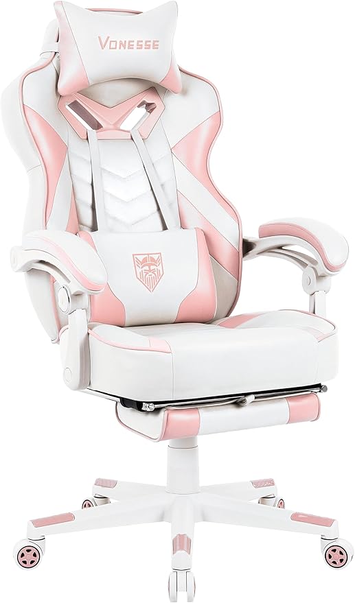 Vonesse Pink Gaming Chair, Big and Tall Gaming Chair with Footrest and Massage, Gaming Chairs for Adults with Lumbar Support, Ergonomic High Back Computer Chair with Pocket Spring Cushion (White/Pink)
