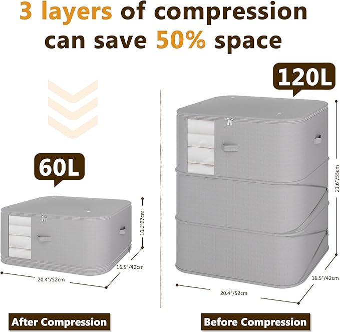 5-piece compressed clothes storage bags, foldable wardrobe storage bags, large-capacity with handles, suitable for sweaters, bed sheets, blankets, down quilts, pillows, toys, etc.gray