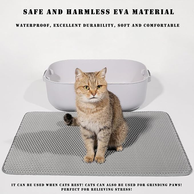 HCY&WLD Cat Litter Mat, 45x26/35x24/30x22/24x18 Inch Double Layer Cat Litter Box Mat, EVA Non-Slip, Waterproof Urine Proof Cat Litter Catcher Mat, Easy Clean Scatter Control (24x18 Inch, Gray)