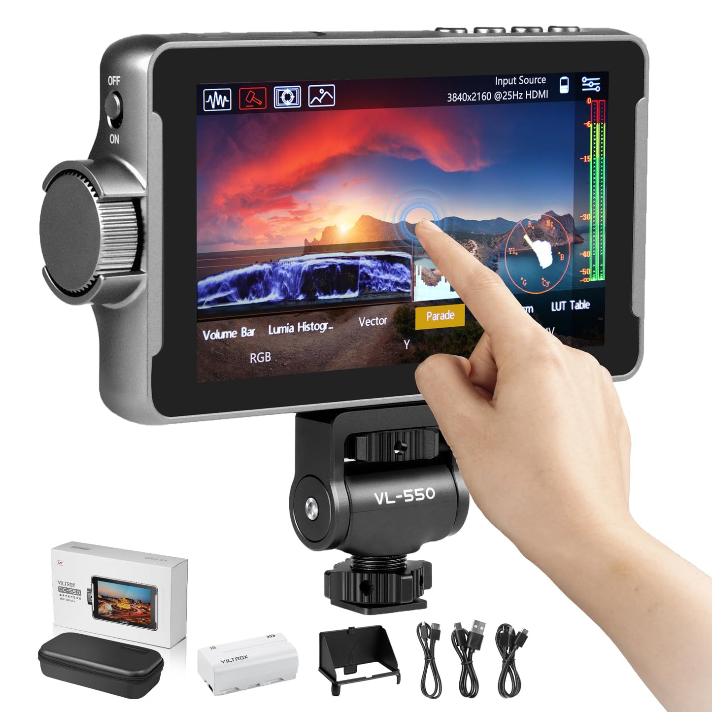 VILTROX DC-550 Pro Touch Screen DSLR Camera Field Monitor 4K HDMI  5.5 Inch 1200 Nits Video Camera Monitor with Battery/Sunshade Hood  3DLUT  Focus Peaking  Waveform  False Colors-New