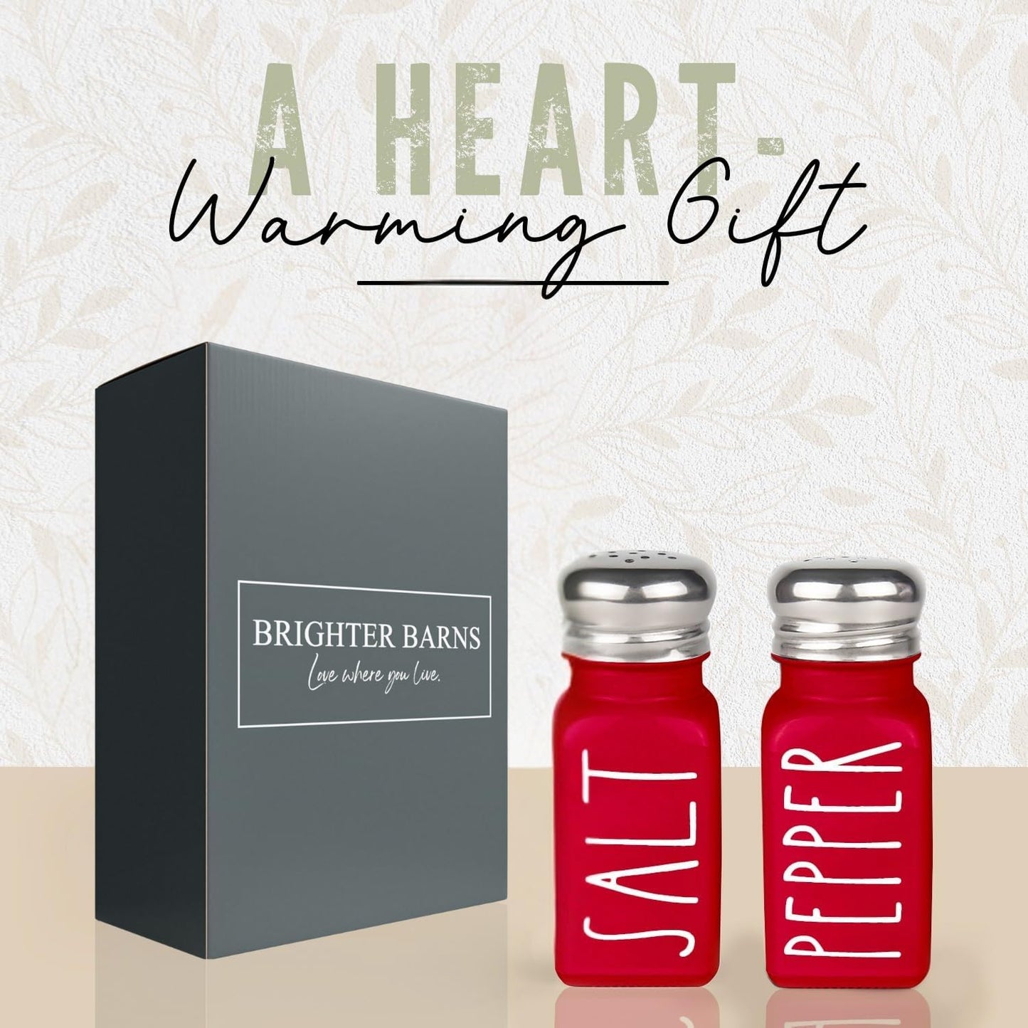 Red Salt and Pepper Shakers Set by Brighter Barns - Modern Farmhouse Kitchen Decor and Accessories for Home Restaurants Weddings - Cute Modern Glass Christmas Shaker Sets & Stainless Steel Lid (Red)