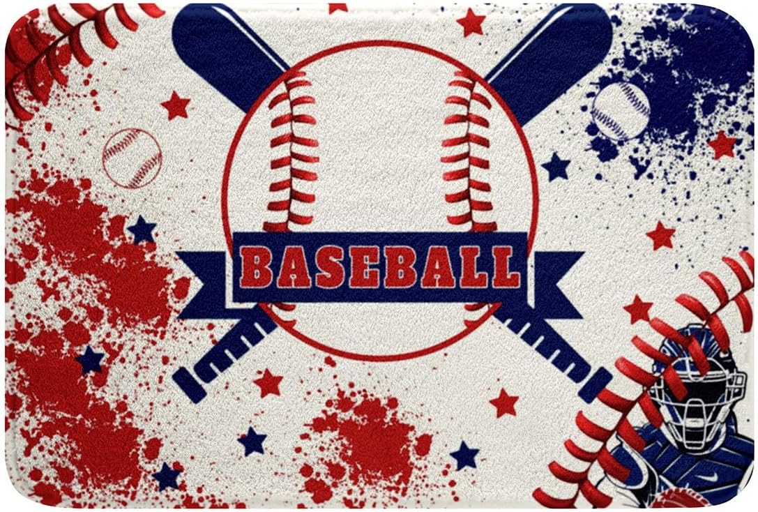 Feelyou Baseball Gaming Non Slip Bath Mat Blue Red Graffiti Soft Fleece Door Carpet for Kids Boys Girls Baseball Player Polyester Bath Rug Ball Games Sports Bathroom Floor Indoor Doormat,16x24 Inch