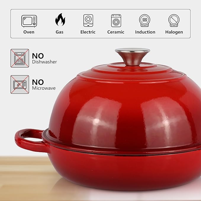 6QT Bread Dutch Oven Pot with Lid, Enameled Cast Iron Dutch Oven for Sourdough Bread Baking, Roasting, Stewing and Soup, Non-Stick Enamel Cookware for Oven/Stovetop, Perfect for Homemade Bread, Red