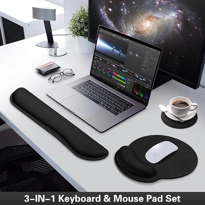Mouse Pad Black, Ergonomic Keyboard Wrist Rest, Mouse Pad with Wrist Rest Black, Gaming Mousepad with Wrist Support, Memory Foam Wrist Rest Set for Computer Keyboard, Office Desk Accessories