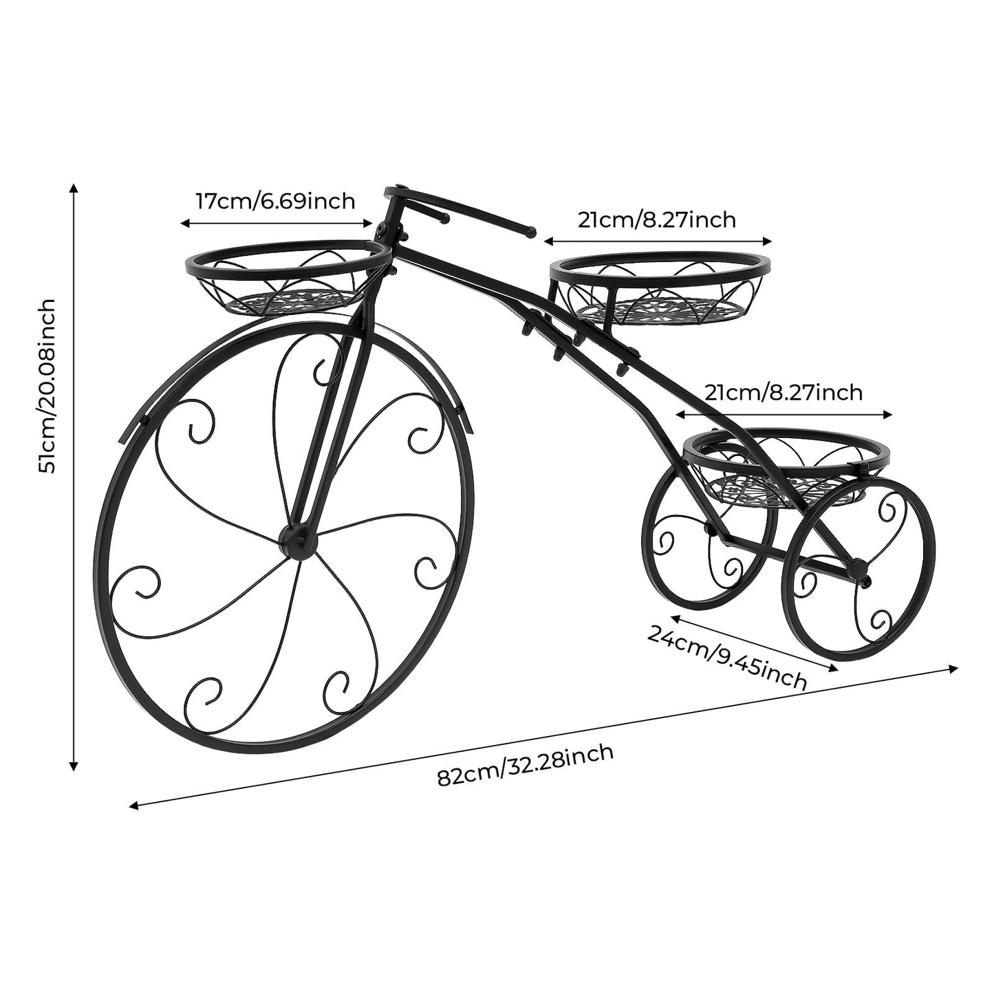 Genseino Metal Bicycle Planter, Flower Cart Display Stand, Three-wheeled Plant Stand Flower Display Stand for Home Decor, Patio, Garden, Flower Shop Indoor Outdoor, Black